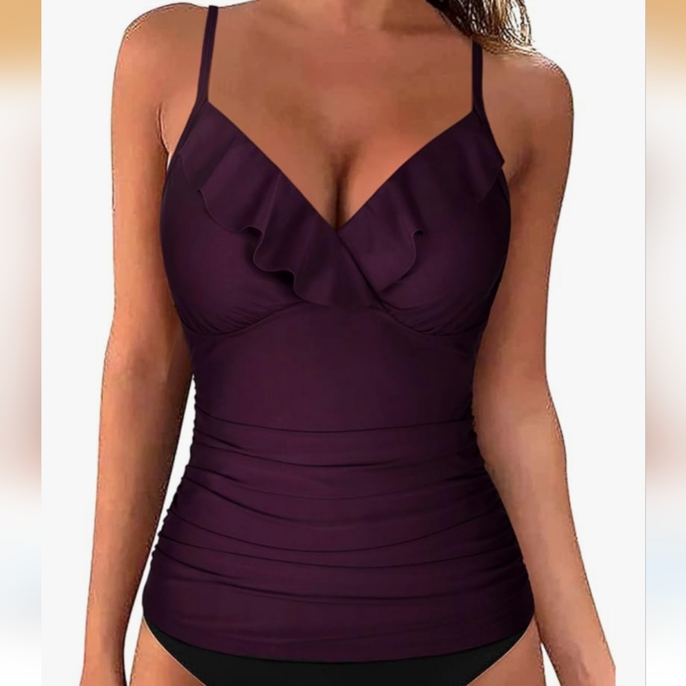 HILOR Shirred Ruffel V-Neckline Merlot Takini Swimwear Top Size 14